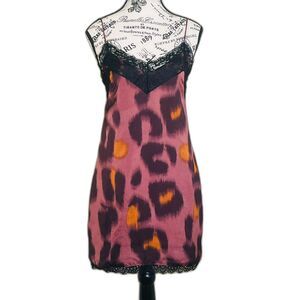 ZARA Trafaluc Leopard Print Pink Slip Whimsigoth Dress Black Lace XS Lingerie